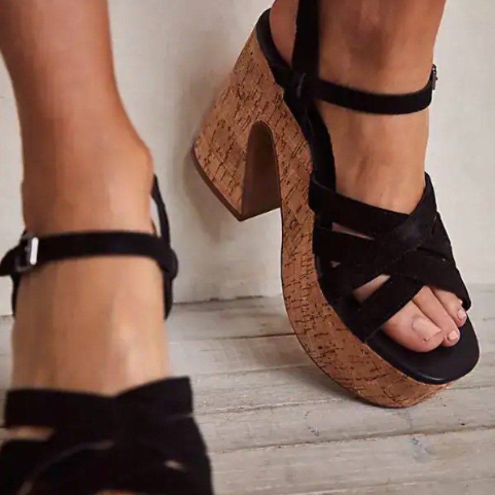 Free People Lisbon Mj Platform Sandals Black Suede Sz 8
